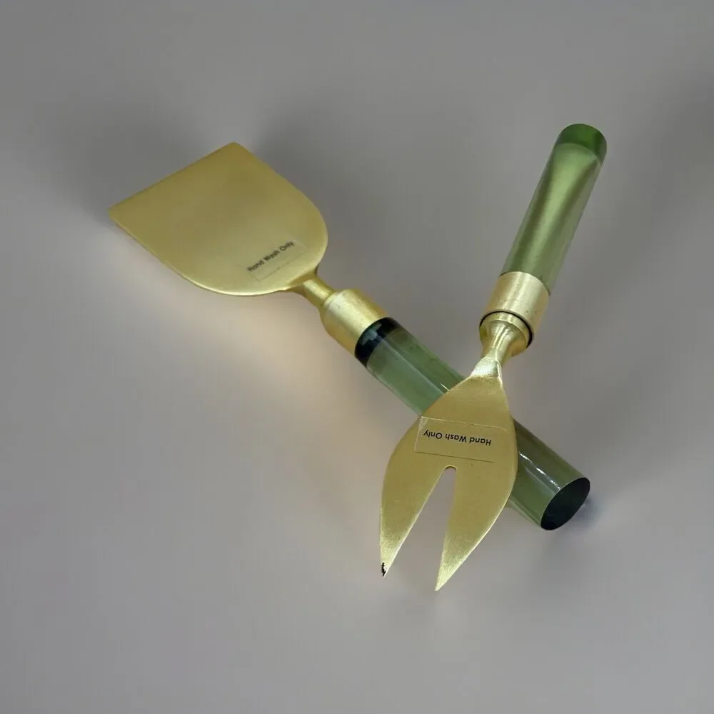 Mid-Century Modern Brass Cheese Server Set With Light Green Lucite Handles